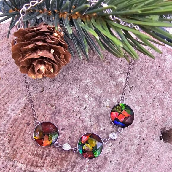 Nature Rainbow Flashy Ammolite Inlay 925 Bracelet - Picture 4 of 9